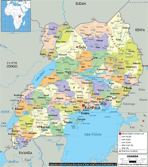 No representation is made or warrantied given any map or its content by driving directions and maps site. Large political and administrative map of Uganda with roads, cities and airports | Uganda ...