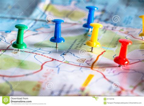 Travel Destination Pin Points On A Map With Colorful Thumbtacks Stock