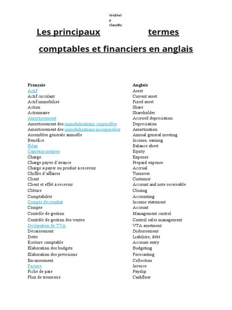 Les Principaux Termes Comptables Et Financiers En Anglais Pdf