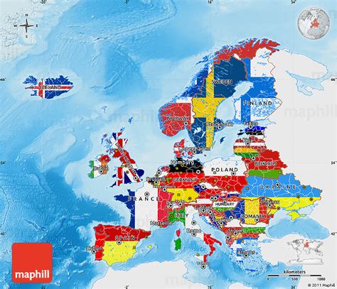 Flag Map Of Europe Single Color Outside Shaded Relief Sea