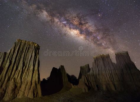 Milky Way Over The Canyon At Lalu Rock Formations Park Sakaeo Stock