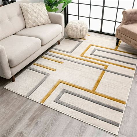 Well Woven Fiora Gold Modern Geometric Stripes And Boxes Pattern Area Rug