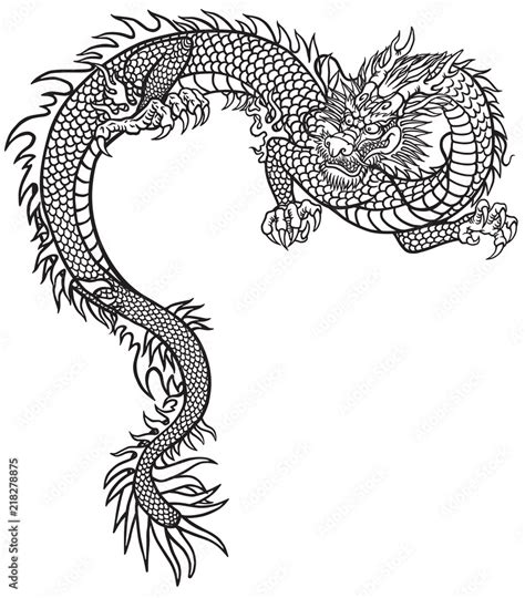 Eastern Dragon Black And White Tattoo Style Outline Vector