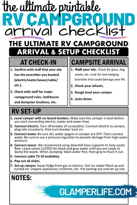 Printable Campground Arrival Checklist For Your Rv Trip Rv Campgrounds Rv Camping Checklist