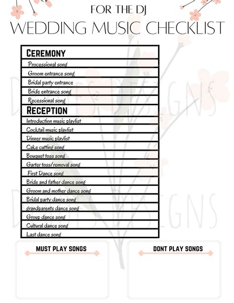 Wedding Music Checklist Template Wedding Planning Wedding Organization Wedding Printable