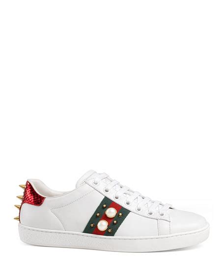 Gucci New Ace Studded Web Low Top Sneakers White Neiman Marcus