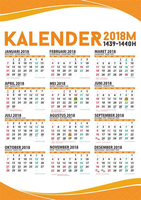 Free Template Kalendar 2018 Masehi And Hijriyyah Full 12 Month Bisa Di