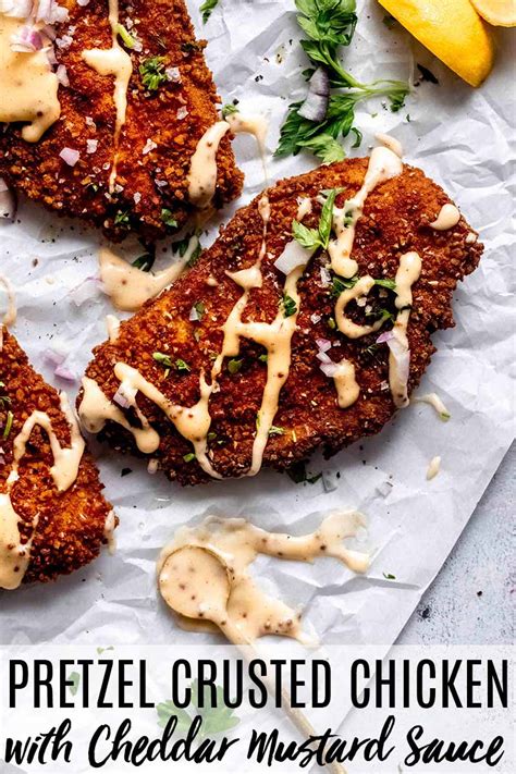 Pour this sauce over the chicken in the dish, sprinkle the grated parmesan on top, then the other grated cheese. Pretzel Crusted Chicken with Cheddar-Mustard Sauce ...
