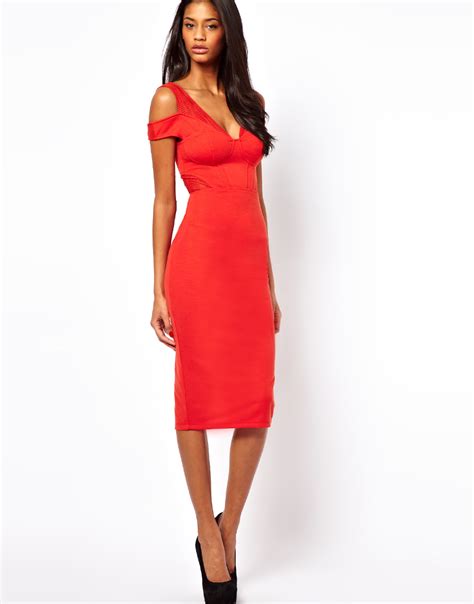 Lyst Asos Sexy Pencil Dress With Textured Cold Shoulder In Red