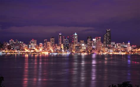 Usa Washington Seattle City Night Lights Buildings River