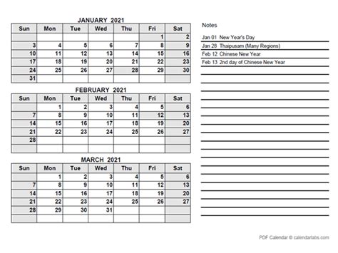 2021 Malaysia Quarterly Calendar With Holidays Free Printable Templates