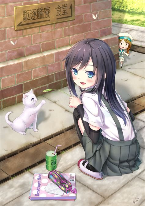 Asashio Error Musume And Girl Holding A Cat Kantai Collection Drawn