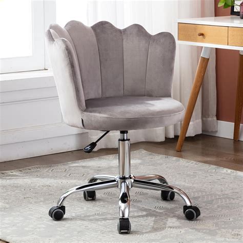 Grey Velvet Accent Chair Adjustable Vanity Chair With Wheels Armless