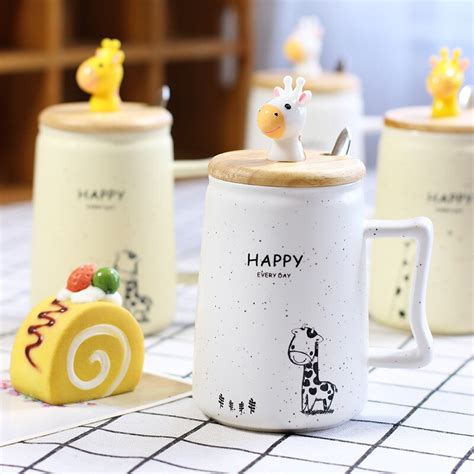 350ml Cartoon Milk Mug Giraffe Ceramic Cup Creative Cover With Spoon