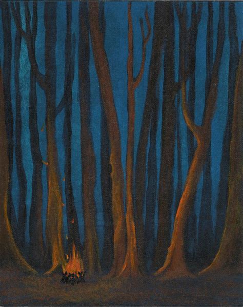 Nature Print Cozy Campfire Night Time Forest Art Print Glowing Tree