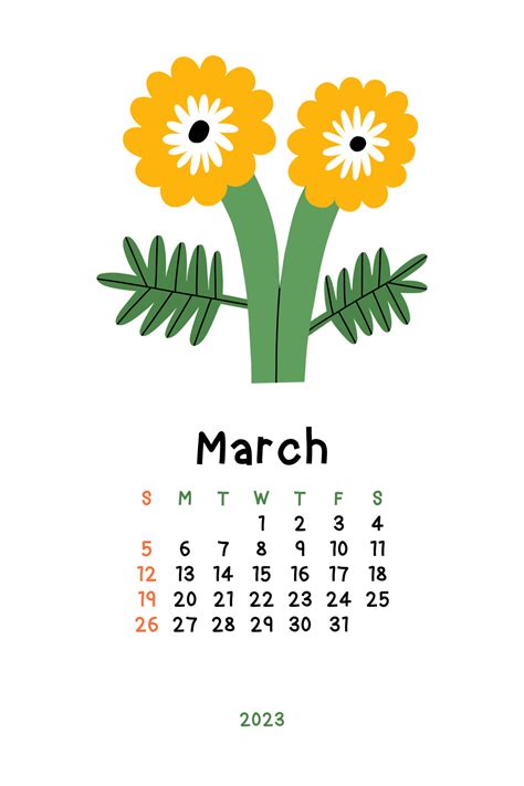 Beautiful Floral Calendar March 2023 Botanical Printable Vector