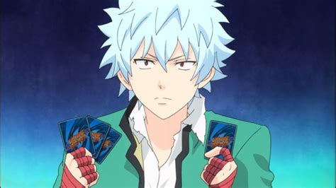 An Anime Character With White Hair Holding Two Cards In His Hands And