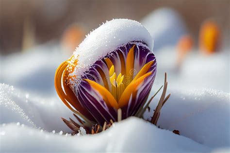 Crocus Bulb Blooming In Snow First Spring Flower Close Up Macro View