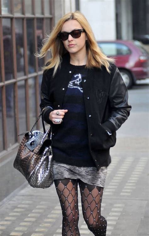 Fearne Cotton In Black Tights With Diamond Shaped Pattern Short Grey Skirt And Striped Dark