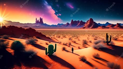 Una Escena Del Desierto Con Un Cactus Y Una Escena Del Desierto Foto