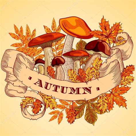 Vintage Poster Autumn With Mushrooms Autumn Leaves And Ribbon Banner