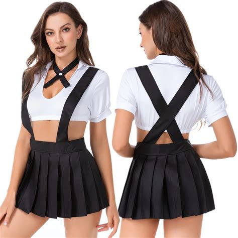Women Sexy Suspender Mini Pleated Skirt With Top Set Cosplay Lingerie Schoolgirl Costume Erotic