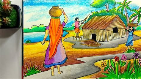 How To Draw A Village Scenery Step By Step Oil Pastel Drawing