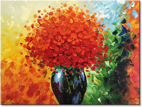 Hand Painted Modern Textured Red Flower Oil Painting On