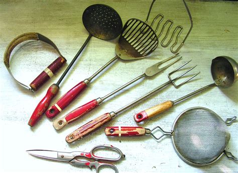 Reserved Vintage Red Wooden Utensils Retro Kitchen Red Wood Handles