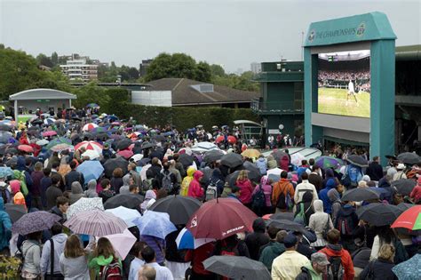 England London Wimbledon Crowds Sitting Under Umbrellas Watching The