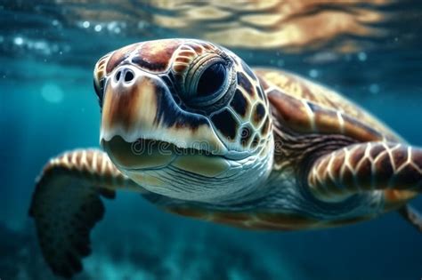 Close Up Portrait Of Happy Sea Turtle Swimming Underwater Ai Generated