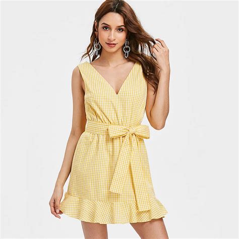 Kenancy Women Plaid Dresses Sexy V Neck Gingham Drop Waist Sleeveless Dress Yellow Ruffle Summer