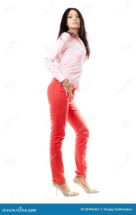 Schöner Junger Brunette In Den Roten Jeans Stockbild Bild Von Getrennt Nett 28496461