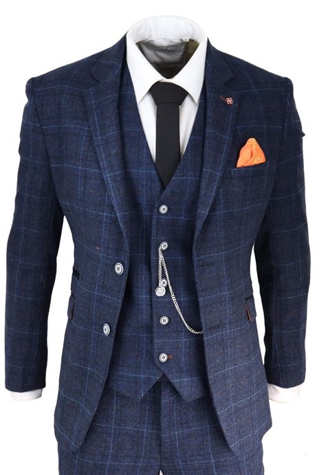 men s clothing mens 3 piece suit herringbone tweed navy blue check retro tailored fit suits
