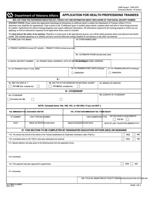 Fillable Va Form 10 2850d Application For Health Professions Trainees