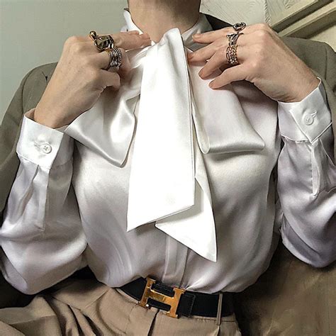 Natural Fabric Bow Tie Neck Womens Silk Blouse