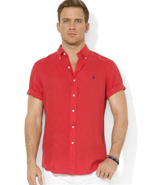 ralph lauren polo button down short sleeve sport shirt in red for men lyst