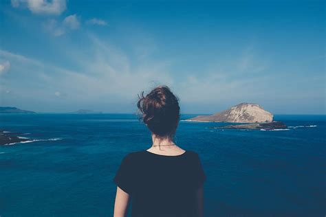 Woman Standing Facing Blue Sea Sky Ocean Water Nature Island