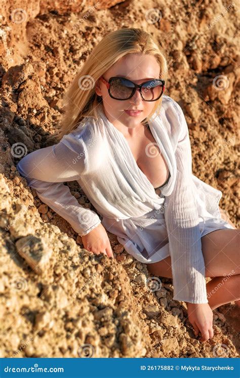 Blonde Woman On Beach Wearing In Sunglasses Stock Photo Image Of