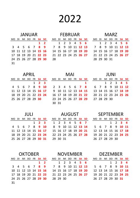 Jahreskalender 2022 Vertikal Kalendersu