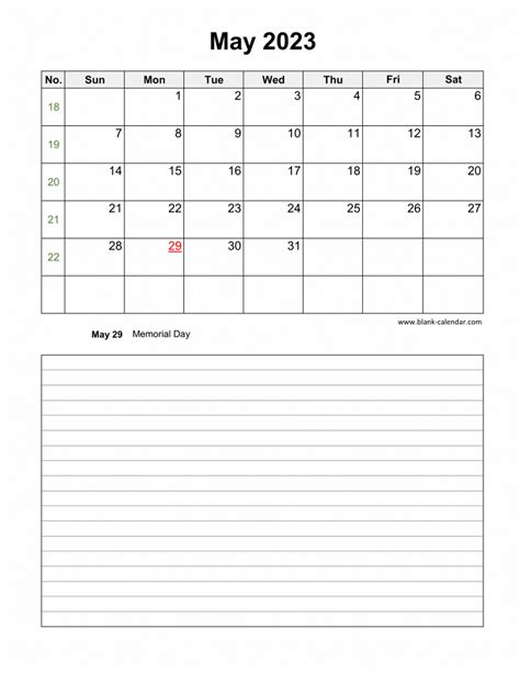 Download May 2023 Blank Calendar With Space For Notes Vertical