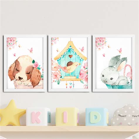 Kit 3 Quadros Infantil Menina Aquarela Flores 18 Aq Elo7