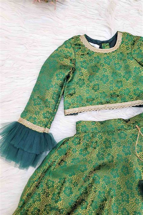 Bottle Green Brocade And Net Lehenga