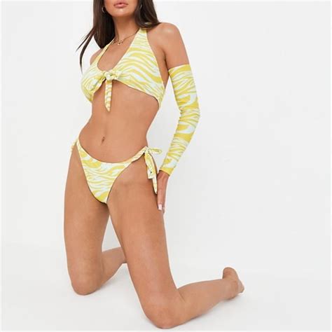 missguided zebra print tie side thong bikini bottoms yellow