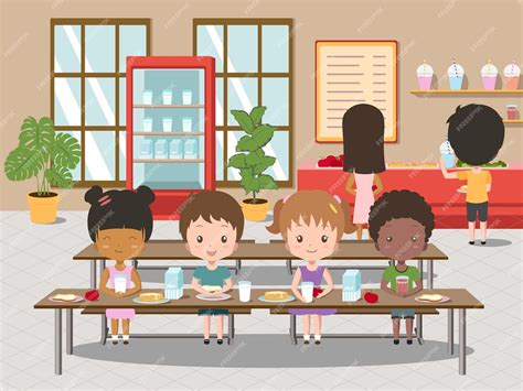 Premium Vector Children Eat In School Canteen Vector Cartoon