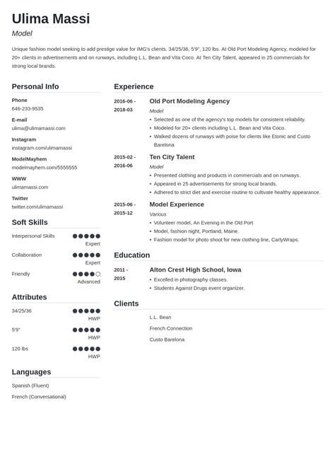 Model Resume Sample And Guide Modeling Bio Template