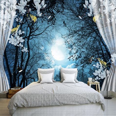 3d Wall Mural Wall Paper Natural Scenery Peaceful Night Forest Moon