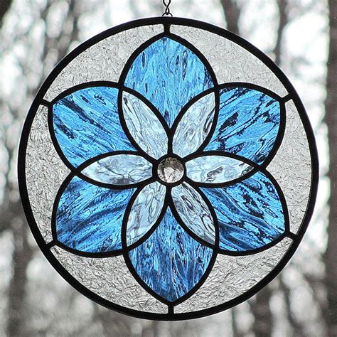 Blue Stained Glass Mandala Star Round Suncatcher Etsy Stain Glass Cross Stained Glass