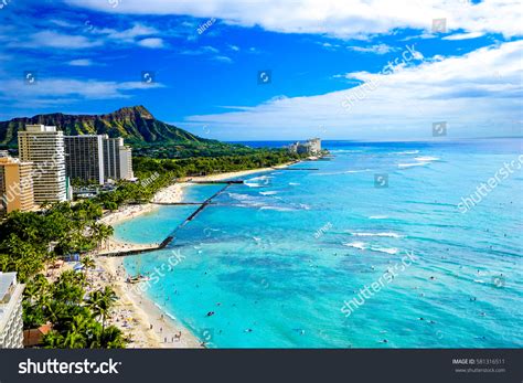 Waikiki Beach Diamond Head Honolulu Oahu Stock Photo