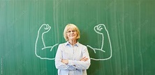 Starke Frau als Lehrer vor Tafel mit Muskeln Stock Photo | Adobe Stock